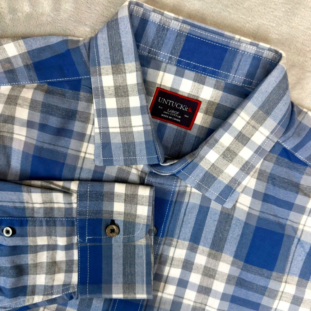 UNTUCKit Button Down Mens Large Blue Plaid Flannel Long Sleeve Shirt Cotton
